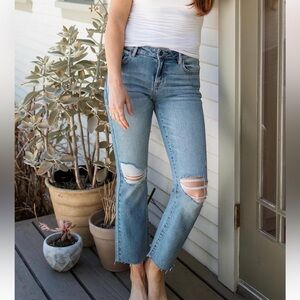 Carly Jean | Women’s Medium Blue Denim Kate Crop Boot Cut Distressed Jeans, Sz 7
